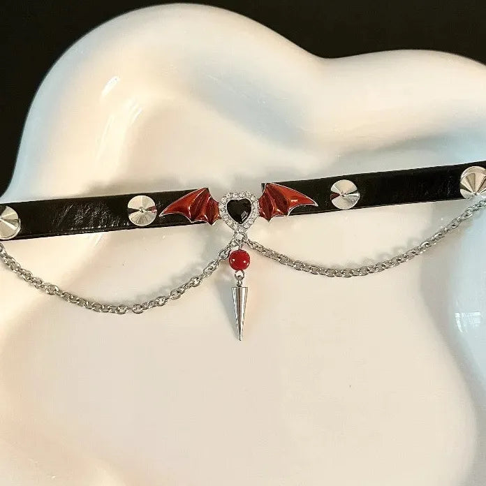 Y2K Punk PU Leather Devil Wings Heart Zircon Rivet Necklace for Women Men Stylish