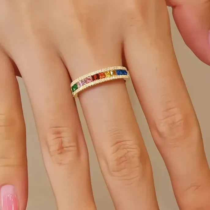 Women's Multi-Colored Square Cubic Zirconia Engagement Ring in Brass