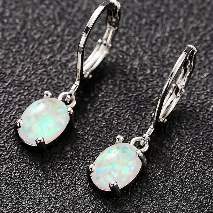 Elegant Minimalist Oval Opal Drop Earrings for Women, Geometric Design