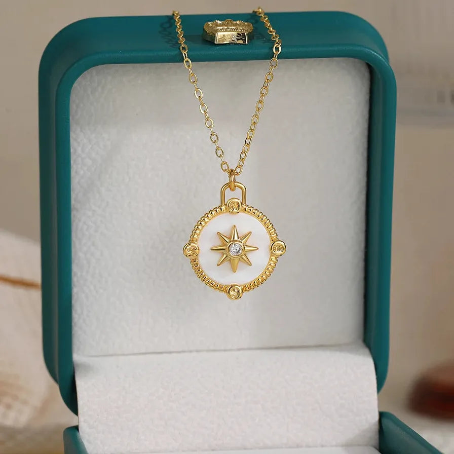 18k Gold Plated White Opal Geometric Pendant Necklace for Women Hypoallergenic Jewelry