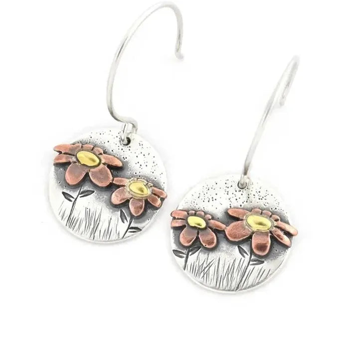 Fashionable Zinc Alloy Circular Floral Drop Earrings for Women Spring Summer