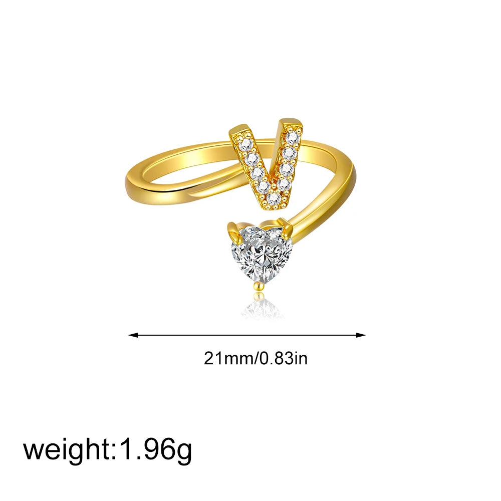 Polished Gold Plated Copper A-Z Letter Initial Ring with Zircon Heart Wedding Jewelry