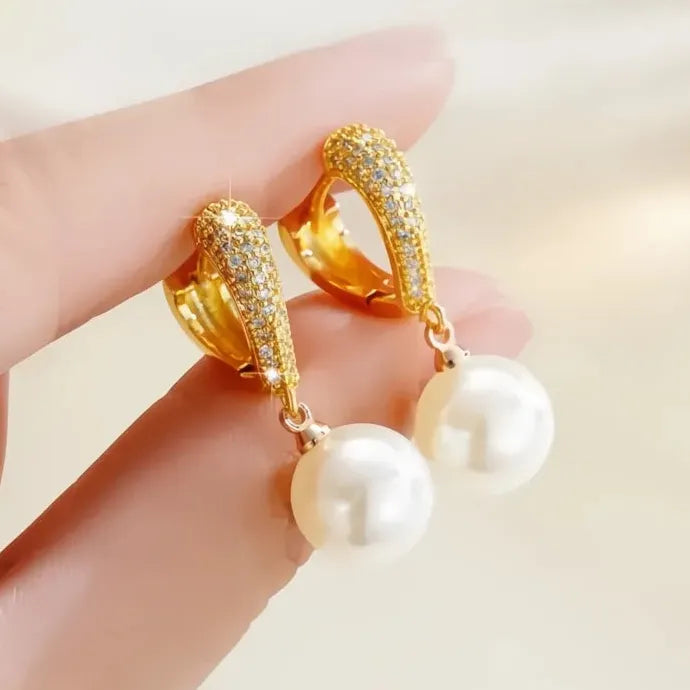Korean Gold Love Dangle Earrings with Simulated Pearls for Women Copper Alloy