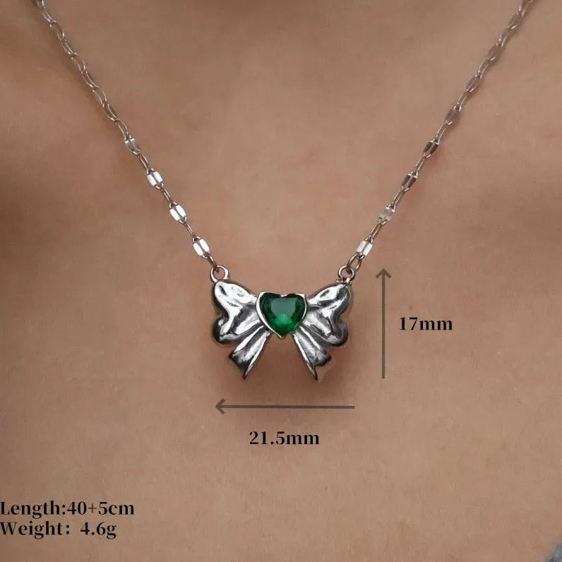 18K Gold Plated Stainless Steel Bow Necklace Women Multicolor Heart Zircon Gift Jewelry
