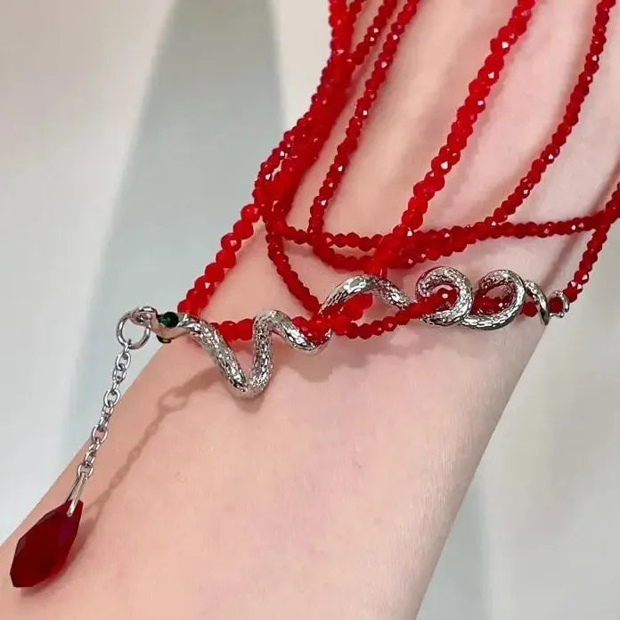 Acrylic Gothic Snake Pendant Necklace for Men Women Punk Red Crystal Beads