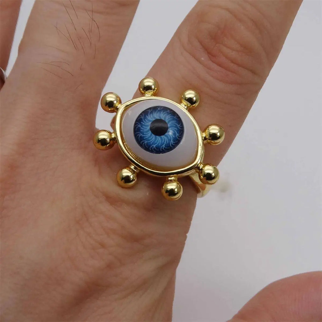 Stainless Steel 18k Gold Plated Chunky White Opal Evil Eye Geometric Ring Women