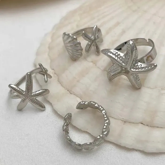 4Pcs Adjustable Gold Starfish Open Rings Beach Party Jewelry Accessories