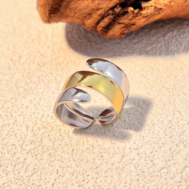 18K Gold Plated Stainless Steel Two-Tone Geometric Ripple Open Knuckle Ring