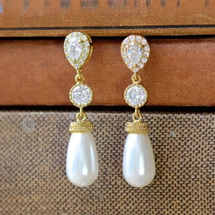 Elegant Imitation Pearl Drop Earrings with Cubic Zirconia for Women Wedding Party