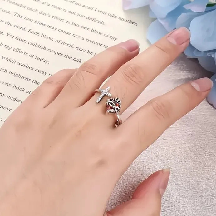 Adjustable Women’s Silver Cross Ring with Red Heart CZ Stone