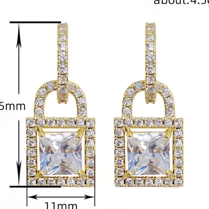 Gold Lock Drop Earrings with Shiny Cubic Zirconia for Women
