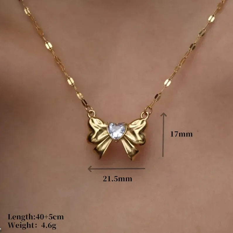 18K Gold Plated Stainless Steel Bow Necklace Women Multicolor Heart Zircon Gift Jewelry