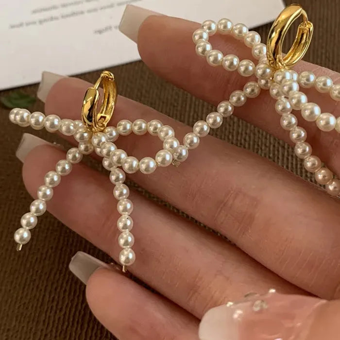Handmade Korean Pearl Bow Tassel Hoop Earrings Zinc Alloy Dangle Y2K