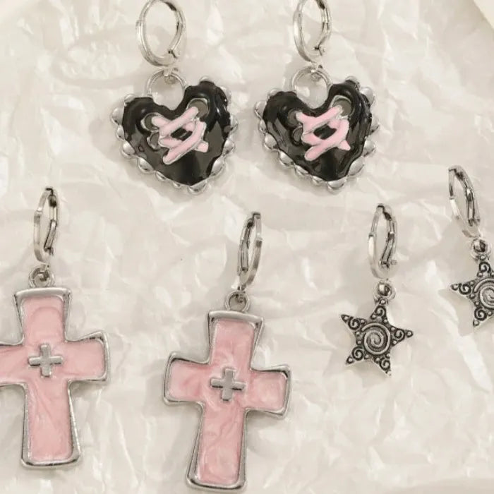 Vintage Punk Zinc Alloy Pink Crystal Cross Hoop Earrings Y2K Party