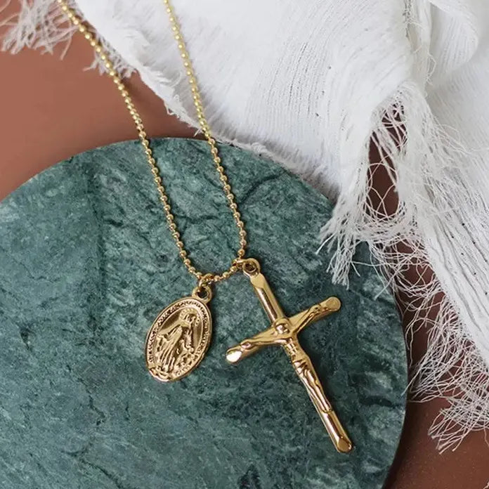 18k Gold Plated Stainless Steel Goth Jesus Cross Pendant Necklace Choker Jewelry