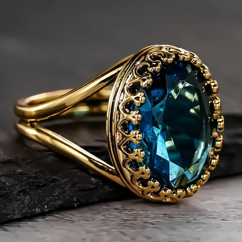 Luxury Gold Color Women Ring with Shiny Oval Blue Cubic Zirconia Elegant Wedding Jewelry