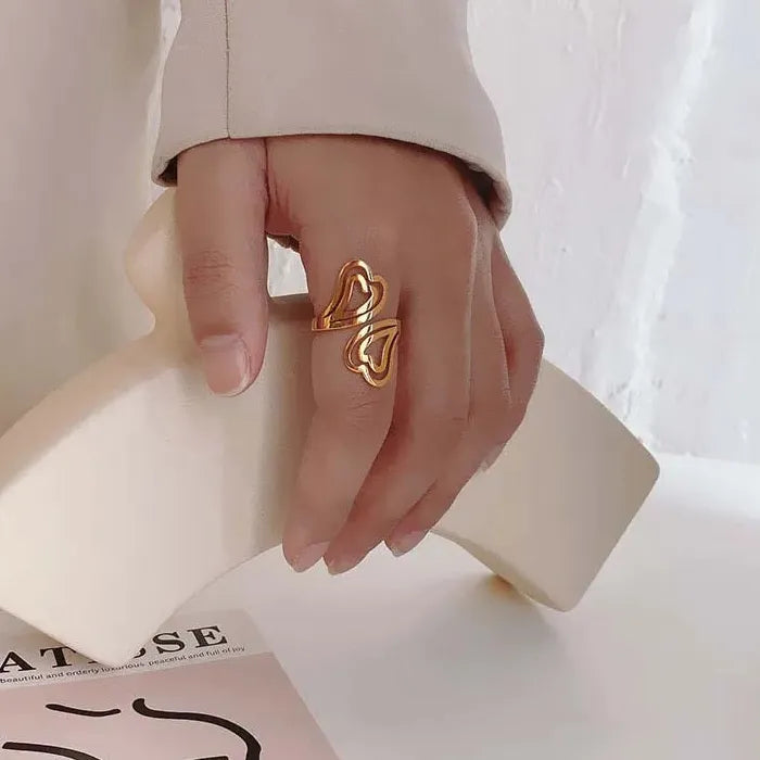 Stainless Steel Double Heart Open Ring Simple Hollow Jewelry Gift for Women