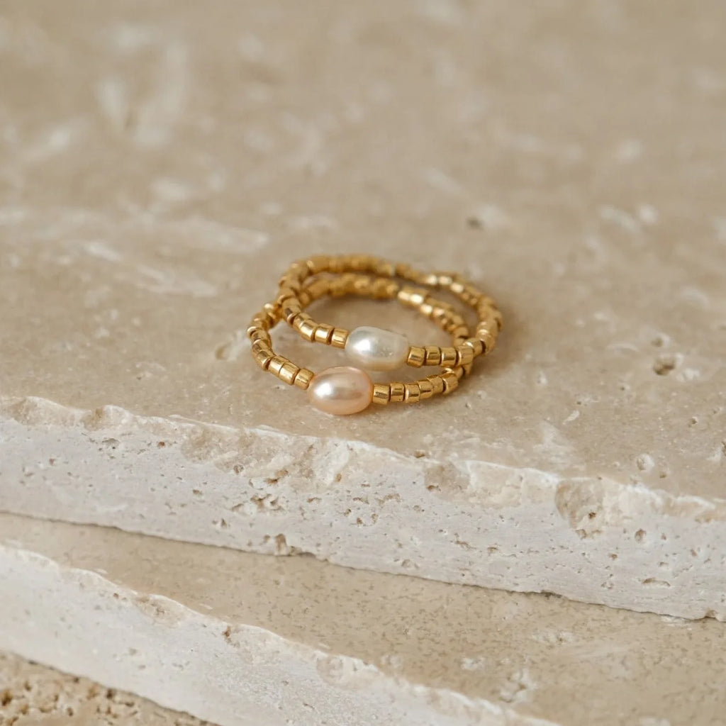 18k Gold Plated Stainless Steel Freshwater Pearl Ring for Women Bride Gift