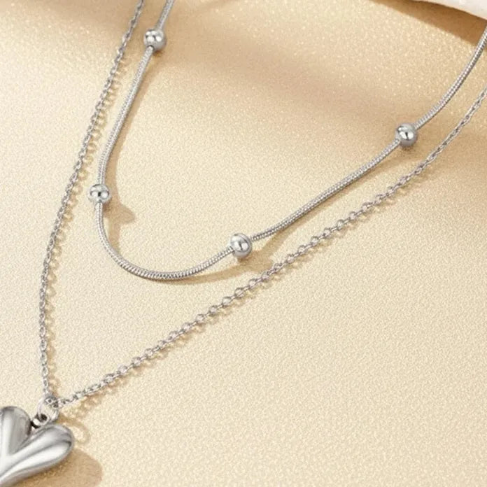 Double-Layer Stainless Steel Heart Pendant Necklace for Women Vintage Jewelry