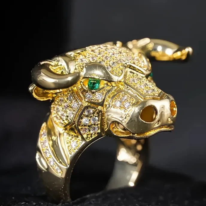 Gold Color Punk Style Cow Animal Ring with Green Eyes for Women Brass Jewelry