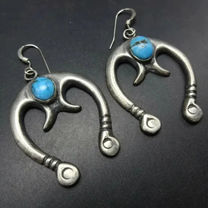 Vintage Indian Tribe Women's Ethnic Imitation Turquoise Long Metal Drop Earrings