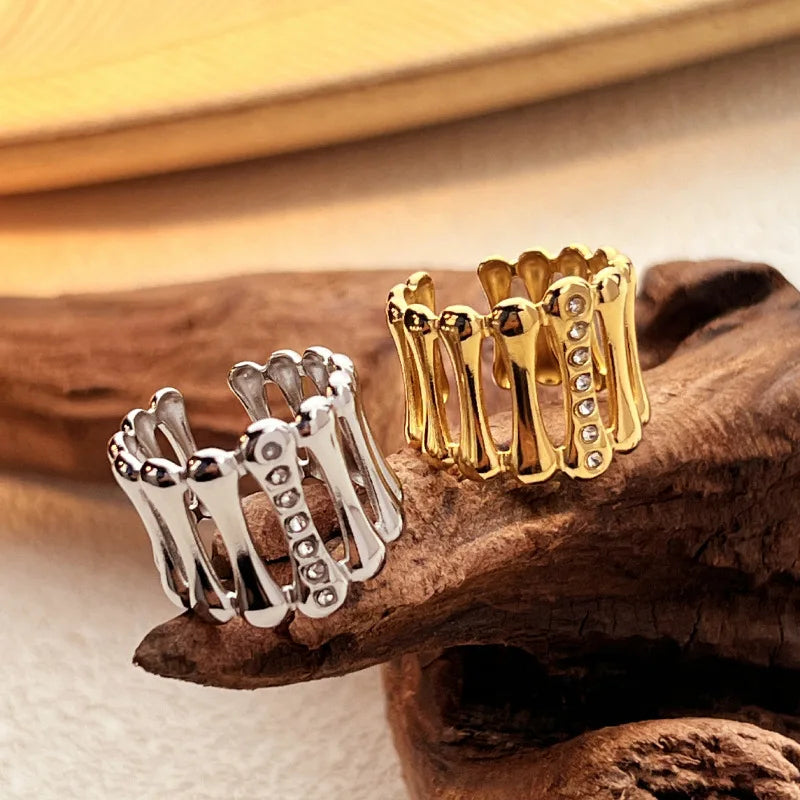 Stainless Steel Geometric Hollow Wide Ring Inlaid Zircon Knuckle Ring Daily Jewelry