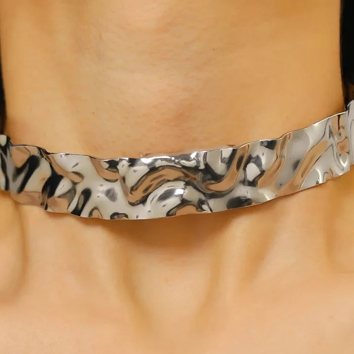 Punk Gothic Geometric Irregular Wrinkled Metal Necklace & Bracelet Set Women