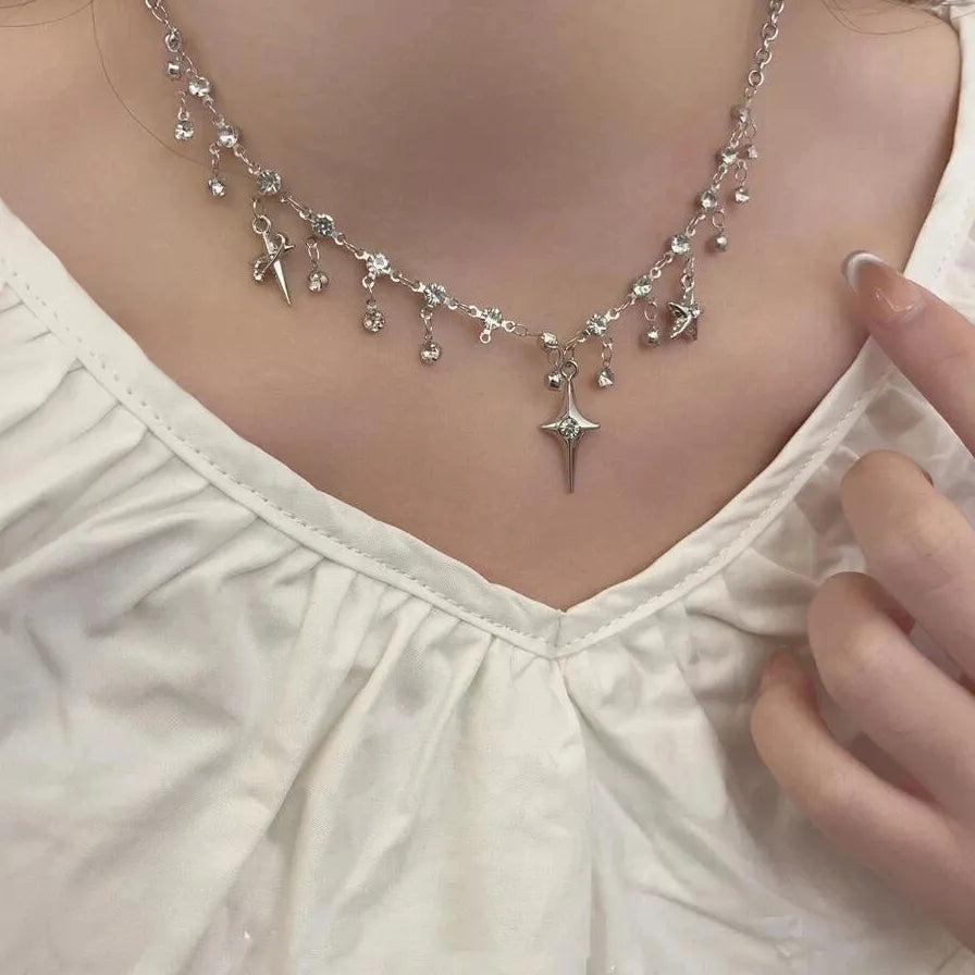 Star Tassel Crystal Zircon Pendant Necklace for Women Girls Zinc Alloy Chain