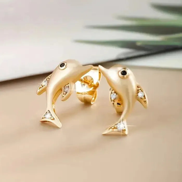 Gold Copper Metal Dolphin Stud Earrings for Women, High-Quality Jewelry Accessory