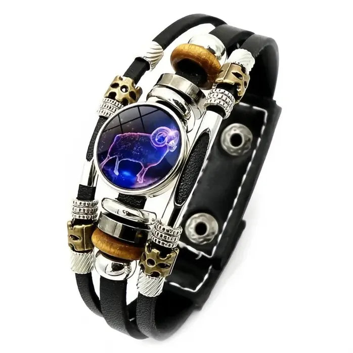 12 Constellation Zodiac Leather Bracelet with Glass Snap Button Unisex
