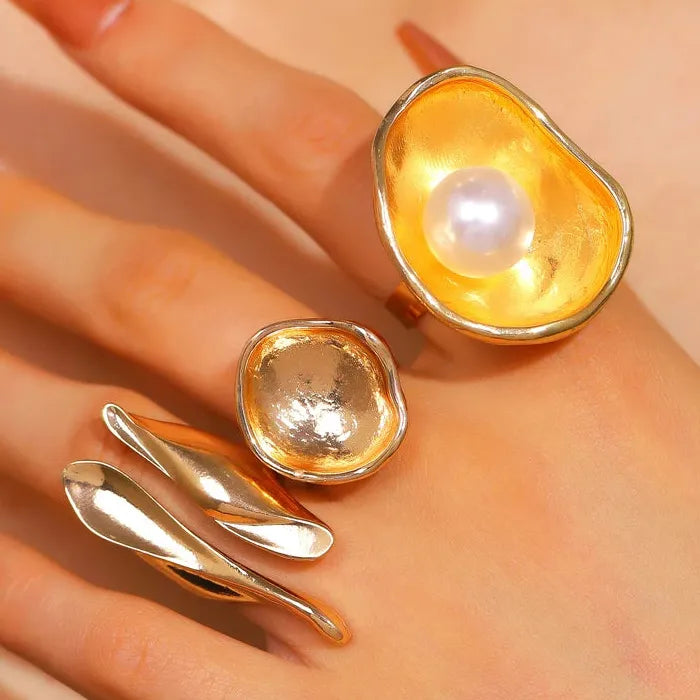Pearl Geometric Layered Trumpet Flower Rings Set for Women Fashion Jewelry