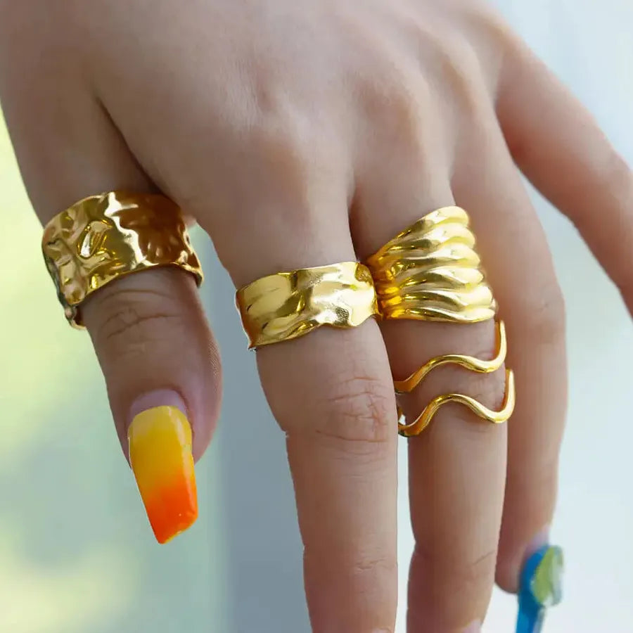 Gold Stainless Steel Irregular Geometric Chunky Wedding Band Ring for Women