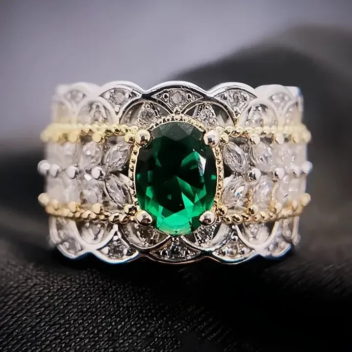 Resizable Two Tone Green Cubic Zirconia Brass Ring for Women Wedding Party