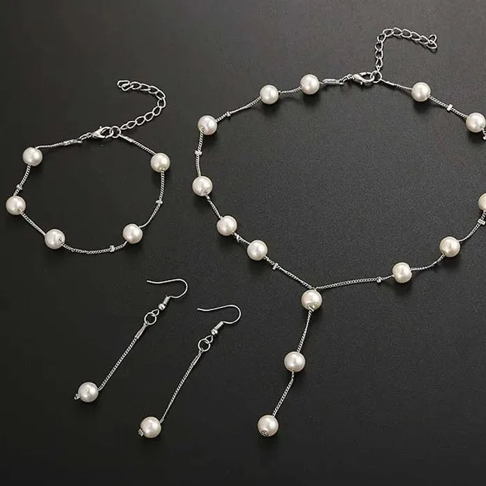 3Pcs Korean Gold Pearl Choker Necklace Earrings Set Fashion Jewelry