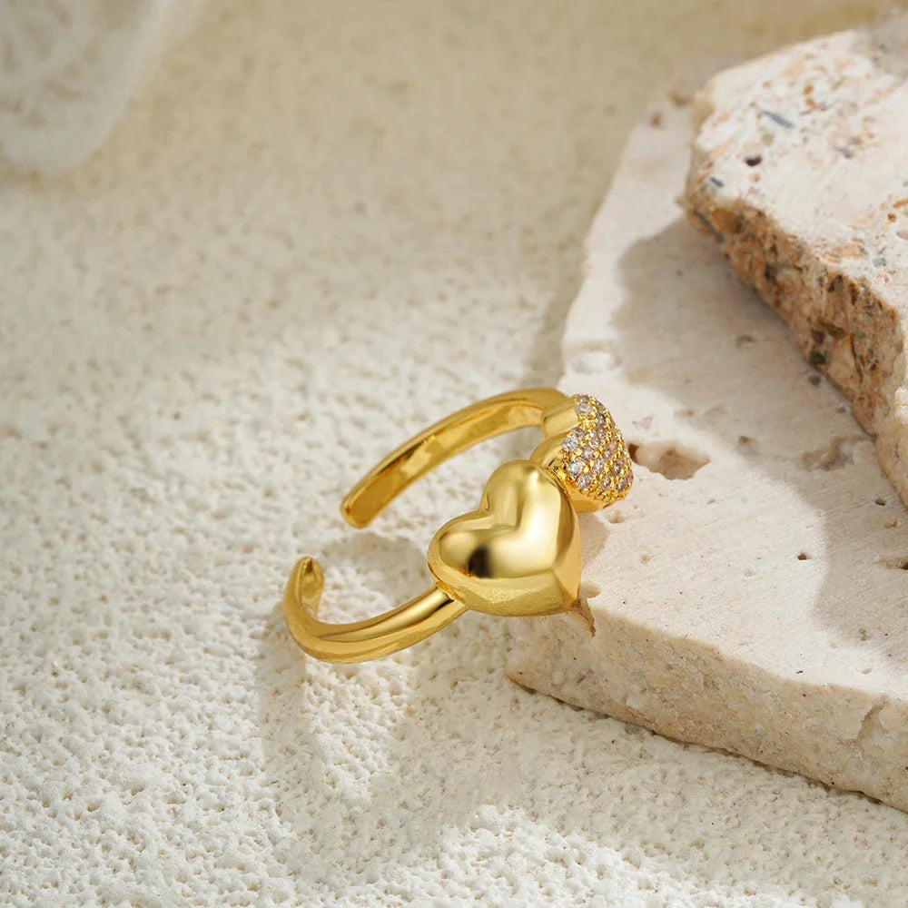18K Gold Plated Double Heart Ring for Women Adjustable Micro Pave Zircon Jewelry