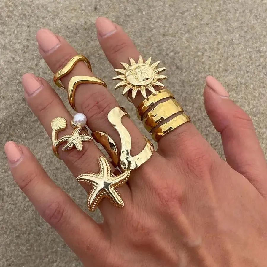 6Pcs Starfish Open Rings Punk Jewelry for Women Men Vintage Fashion Accessory