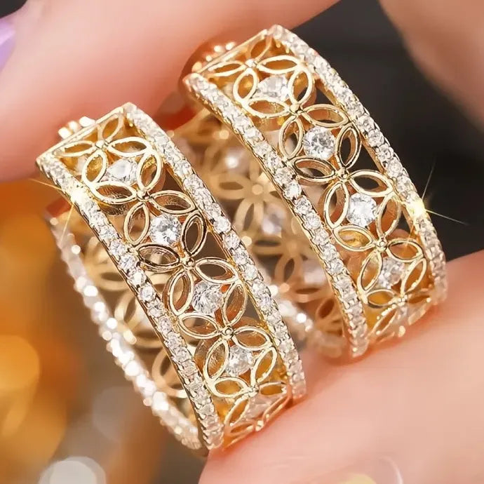 Delicate Hollow-Out Geometric Hoop Earrings with Cubic Zirconia, Gold Tone