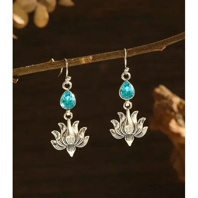 Vintage Blue Cubic Zirconia Lotus Drop Earrings for Women Zinc Alloy Jewelry Gift
