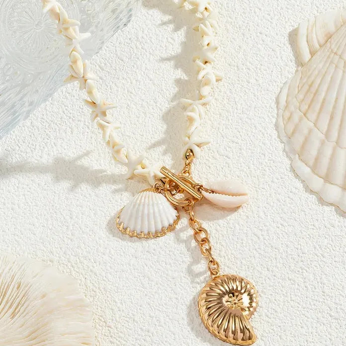 Resin Shell Starfish Pendant Necklace with Gray Pearl Tassel Choker Women’s