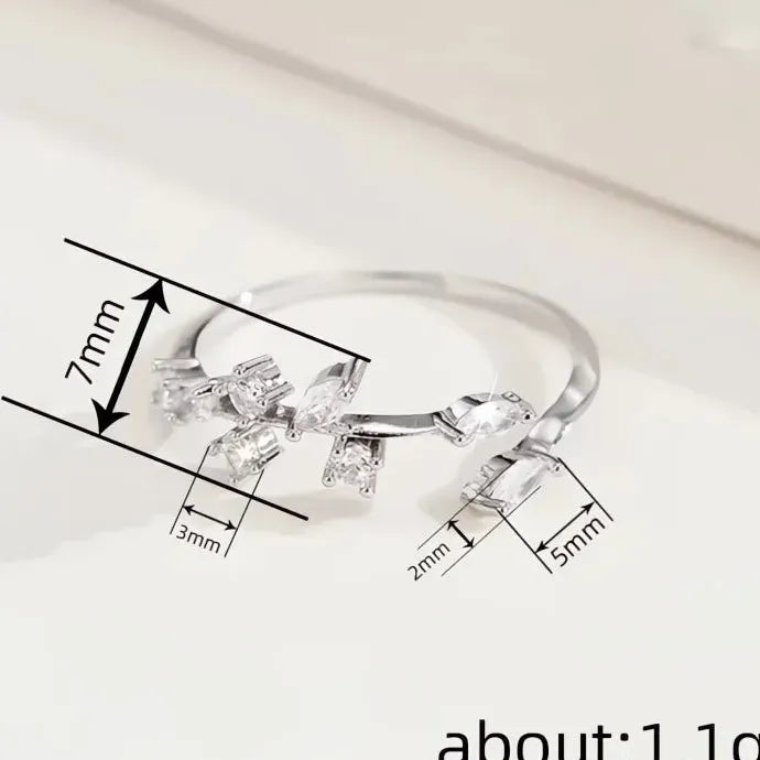 Women’s Sweet Leaves Cubic Zirconia Brass Wedding Opening Ring Plant Design