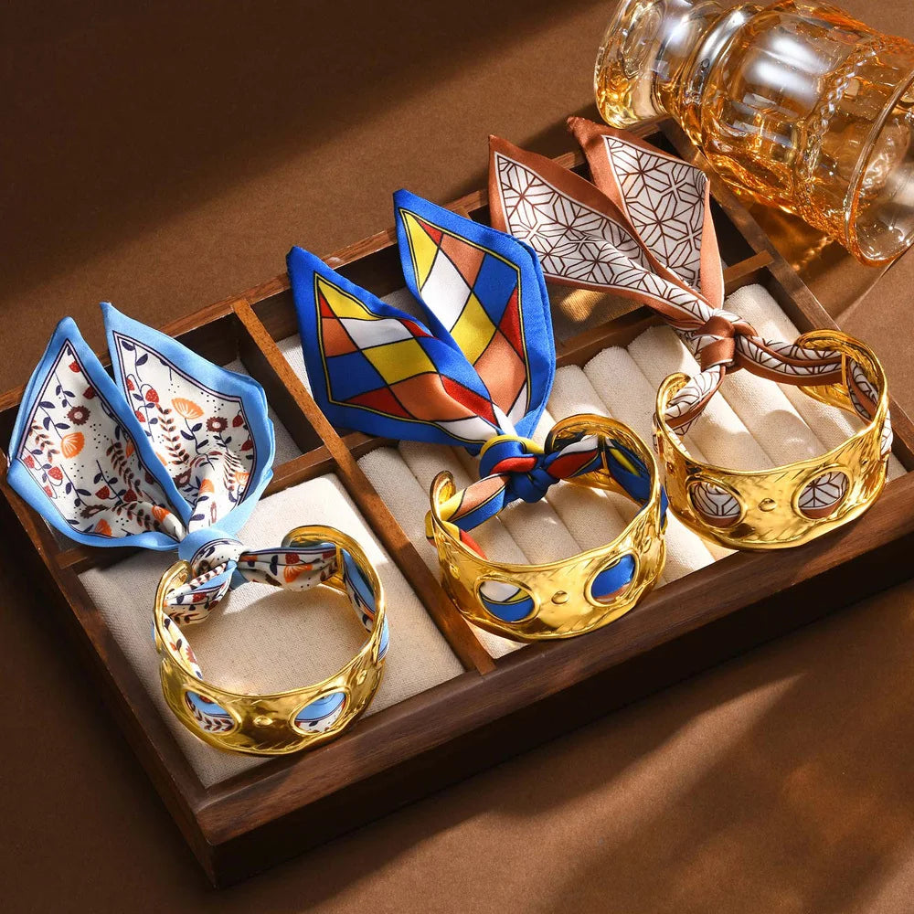 Gold Plated Stainless Steel Hollow Open Bangle Silk Scarf Bracelet Women