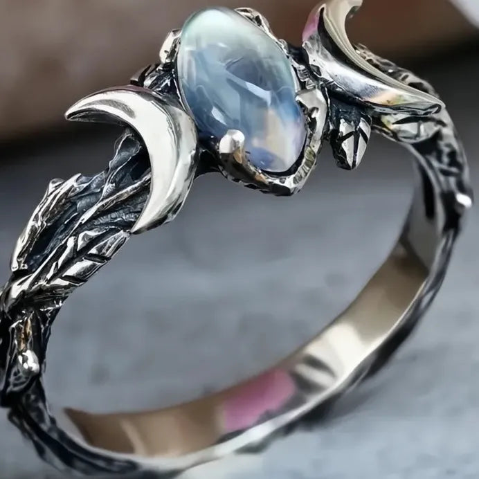 Vintage Geometric Olive Branch Ring with Imitation Moonstone for Women Gift