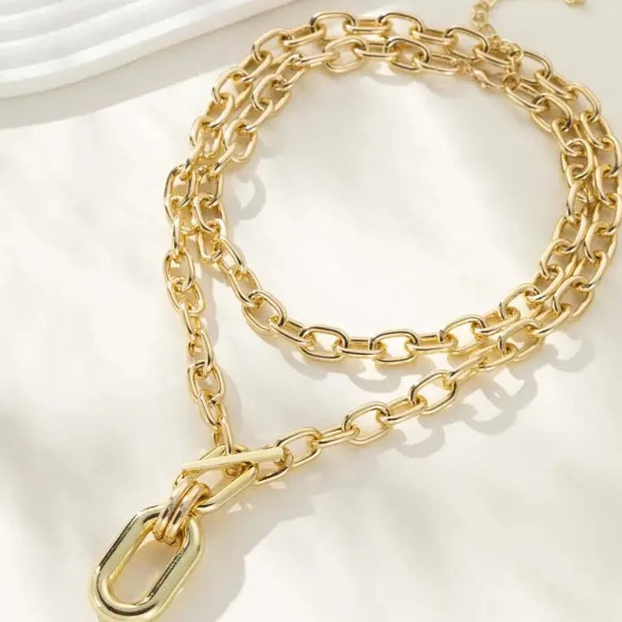Gold Color Large Elliptical Geometric Pendant Necklace Chunky Chain Gift