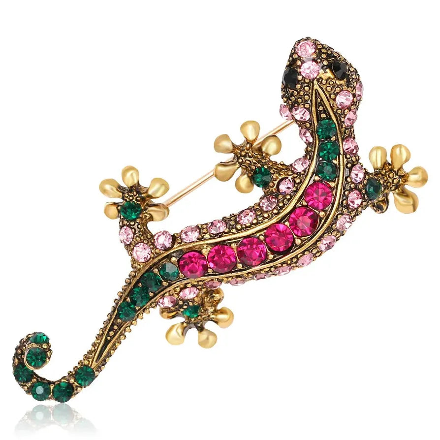Vintage Multicolor Rhinestone Gecko Brooch Pin for Men and Women Gift