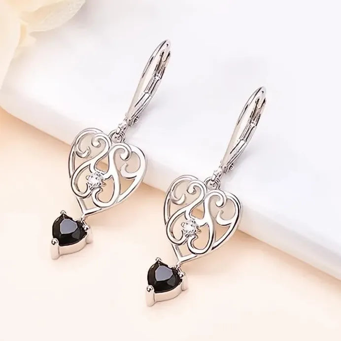 Hollow Heart Dangle Earrings with Black Cubic Zirconia Sparkle for Women