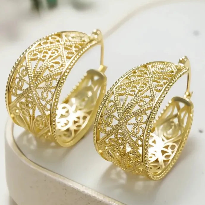 Boho Gold Brass Geometric Filigree Hoop Dangle Earrings Gift for Women