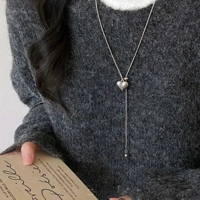 Stainless Steel Heart Pendant Necklace with Round Ball Sweater Chain for Women