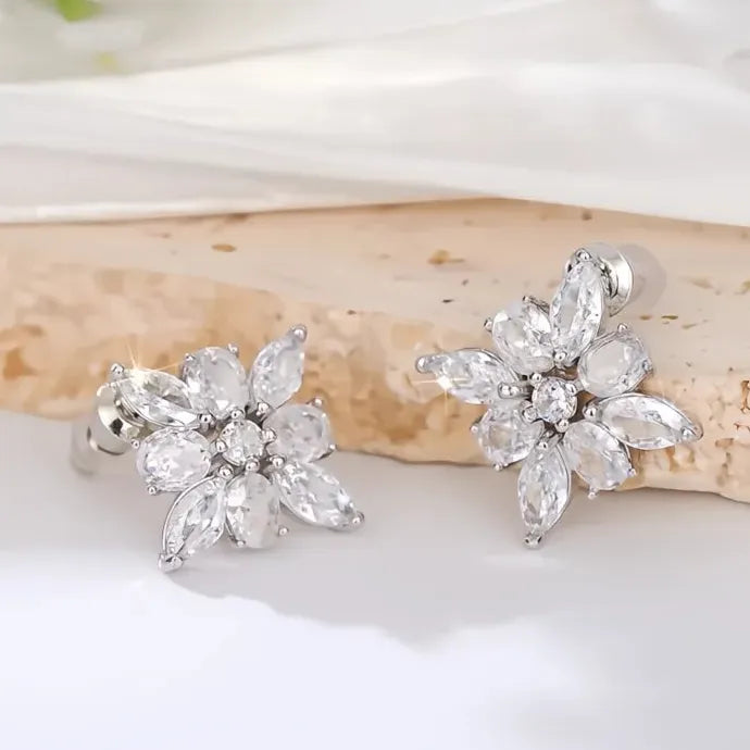 Geometric Flower CZ Stud Earrings for Women Elegant Copper Alloy Jewelry