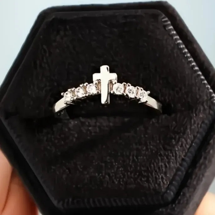 Brass Cross Ring with Cubic Zirconia Wedding Band Gift for Women