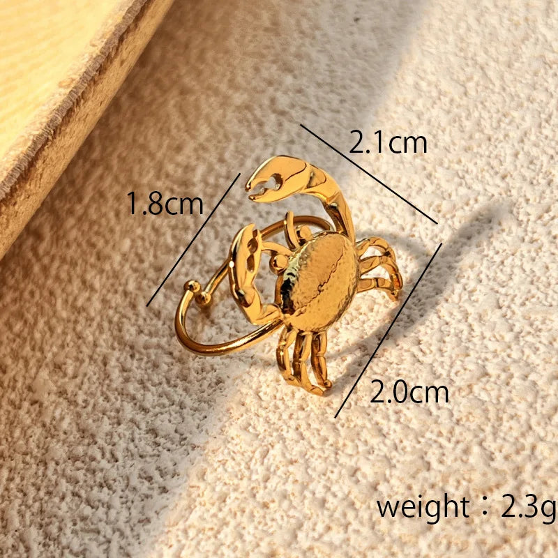 18K Gold Plated Stainless Steel Adjustable Crab Ring for Women Girls Summer Jewelry